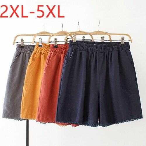 New 2021 Ladies Summer Plus Size Shorts For Women Large Loose Casual Cotton Linen Wide Leg Lace Blue Shorts 2XL 3XL 4XL 5XL