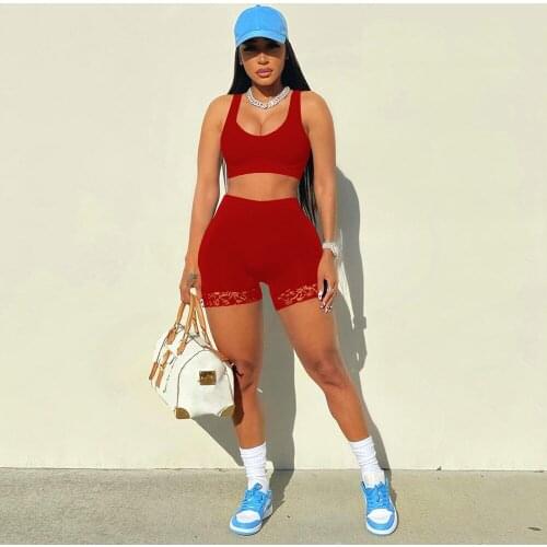 Active Sportswear 2 Two Piece Club Outfits 2021 Women Sexy U Neck Sleeveless Tank Top and Lace Spliced Biker Short Workout Suits