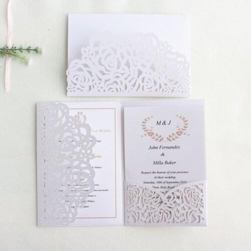 White rose wedding invitations tri-fold pocket shimmer birthday cards multi colors customized service