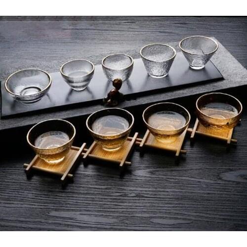 1pcs Heat Resistant Glass Tea Cup Outline in Gold Kungfu Cup Tea Bowl Transparent Teacup Tea Accessories Drinkware