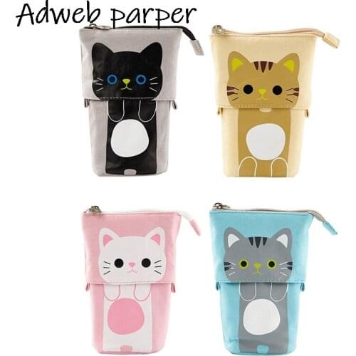 Animal Vertical Pencil Case Big Capacity Canvas School Pencil Bag Storage Bag Pen Pouch Stationery Pull Down Stand Holder