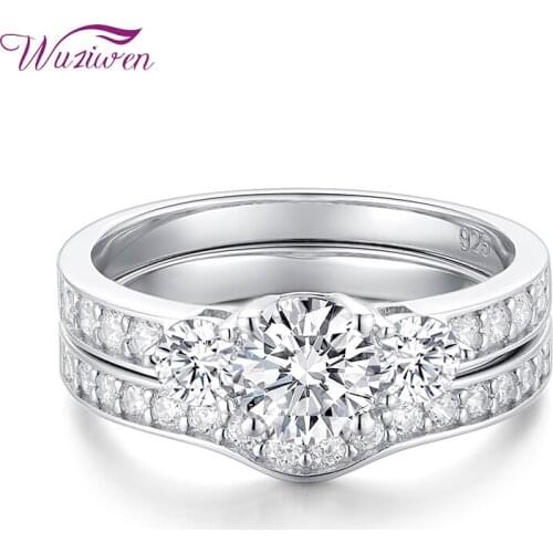 Wuziwen Solid 925 Sterling Silver Wedding Engagement Ring Set For Women Round Cut AAAAA Zircon Bridal Classic Jewelry Gift