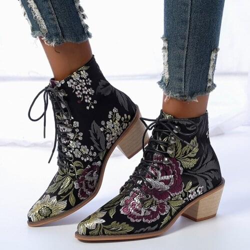 Womens Ankle Boots Casual 2020 Winter Embroidered Ladies Knee High Heels Booties Shoes Lace Up Woman Female Pointed Toe Shoes