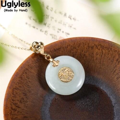 Uglyless Classic Gems Peace Buttons Emerald Pendants for Women 925 Silver Chinese Character FU= Lucky Gifts Necklaces NO Chains