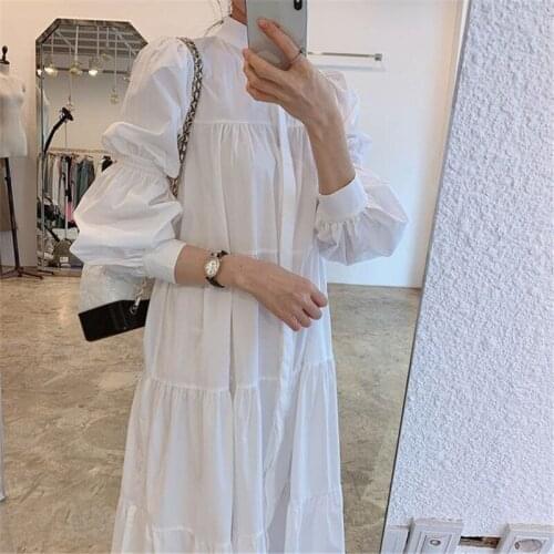 Johnature New Korean Solid Color Puff Sleeve Loose Women Shirt Dresses 2021 Autumn Wrinkles Button Female Dress