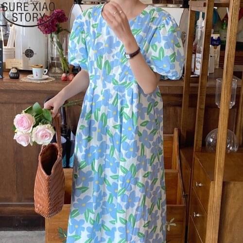 2021 New Korean Summer Dress Round Collar High Waist Flower Dress Pleated Bubble Sleeve Dresses Women Vestido Feminino 14899
