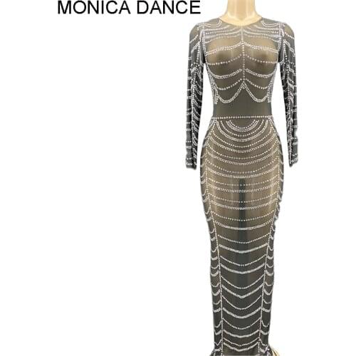 Women Sexy Black Mesh Sparkly Silver Rhinestones Transparent Dress Women Evening Wedding Birthday Party Celebrate Dance Costume