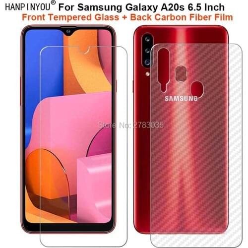 For Samsung Galaxy A20s A207 6.5" 1 Set = Soft Back Carbon Fiber Film +Ultra Thin Clear Tempered Glass Front Screen Protector