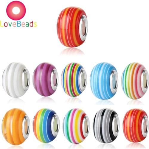 10Pcs/Lot Rainbow Color Acrylic Resin Murano Rondelle Bead Charms Large Hole Spacer Loose Beads Fit Original Pandora Bracelet