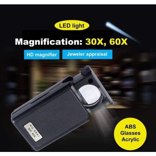 30X 60X Pull-type Jewelry Magnifier Mini Pocket Hand Magnifying Glass Portable Microscope Loupe Optical Lens Tool w/ LED Light