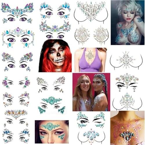 8pc Temporary Rhinestone Glitter Tattoo Stickers Set Face Jewels Gems Festival Party Makeup Flash Chest Face Crystal Stickers