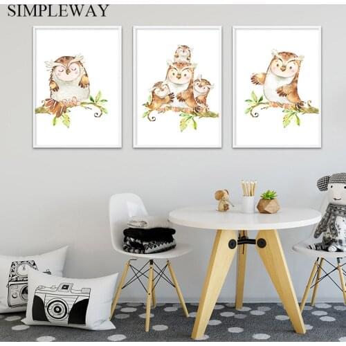 Baby Nursery Woodland Animal Wall Art Canvas Print Cute Owl Family Poster Cartoon Painting Nordic Kids Child Bedroom Decoration