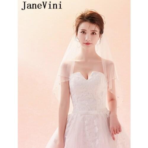 JaneVini 2018 Elegant Two Layers Short Bridal Veils Soft Tulle Beaded Edge Elbow Length Veil Wedding Accessories Velos De Novia
