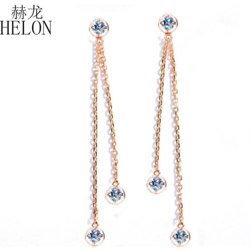 HELON Solid 18K Rose Gold AU750 3mm Round Genuine Sky Blue Topaz Drop Earring For Women Gemstone Trendy Fine Jewelry Earring