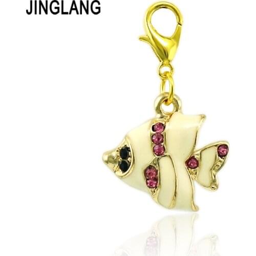 JINGLANG 50piece/Lot Animal Lobster Clasp Charm Dangle Pink Rhinestone Gold Color Fish DIY Charms For Jewelry Making Accessories