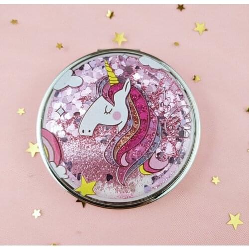 Mini Unicorn Makeup Mirror Compact Pocket Mirror Portable Double-Sided Folding Cosmetic Mirror Gifts With flowing sparkling sand
