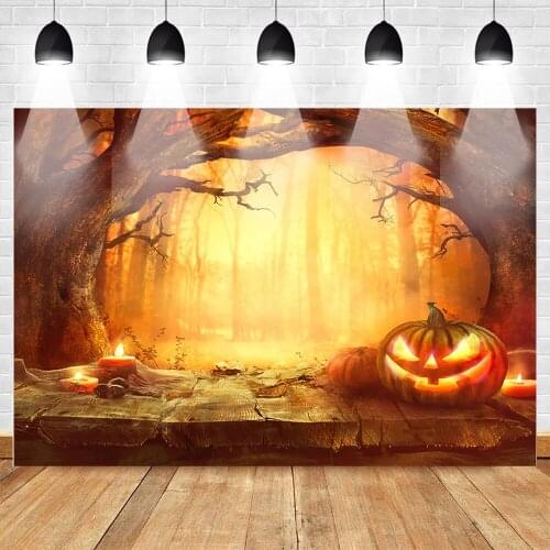 Neoback Pumpkin Lantern Halloween Photo Background Mysterious Golden Forest Backdrop Candles Funny Halloween Party Background