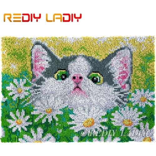Latch Hook Kits Kitten with Daisies Chunky Yarn Embroidery Crochet Tapestry Kits Needlework Arts & Crafts DIY Carpet Rug 85*58cm