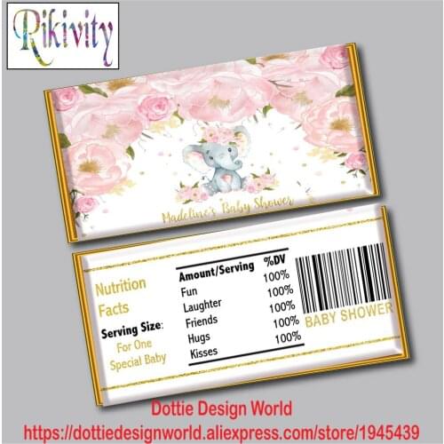 Newborn Elephant Flower Baby Shower Girl Hershey Chocolate Candy Bar Wrapper Water Bottle Wine Labels Birthday Party Decoration