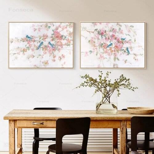 Peach Blossom Branch Bird Wall Art Canvas Painting New Chinese Posters and Prints Wall Pictures for Living Room Modern Decor