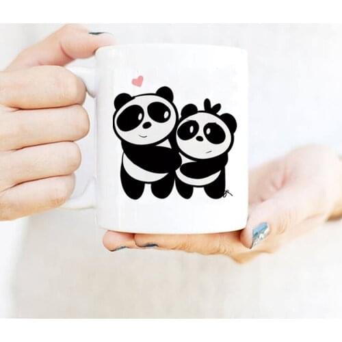 Panda Mom Love Kids Coffee Mug Lid and Spoon 11oz White Cute Ceramic Milk Cups and Mugs Mother Kids Birthday Gift Mugs