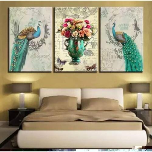 3Plane Blue Peacock Orchid Flower Butterflies Posters and Prints Canvas Painting Nordic Style Wall Art Picture For Living Room