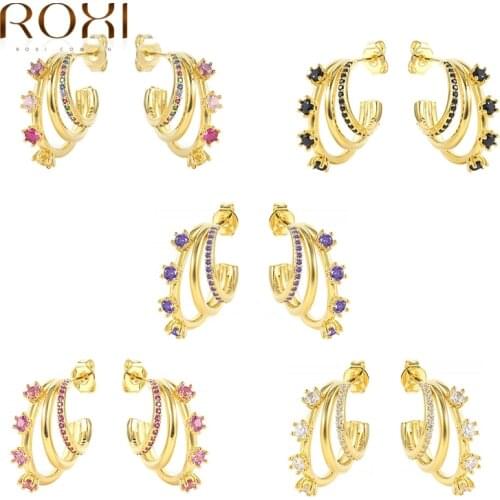 ROXI Copper Three Line Idol Hoop Color Drill Earrings For Women 2021 Trendy Punk Piercing Stud Earrings Fine Jewelry Gift Gotico