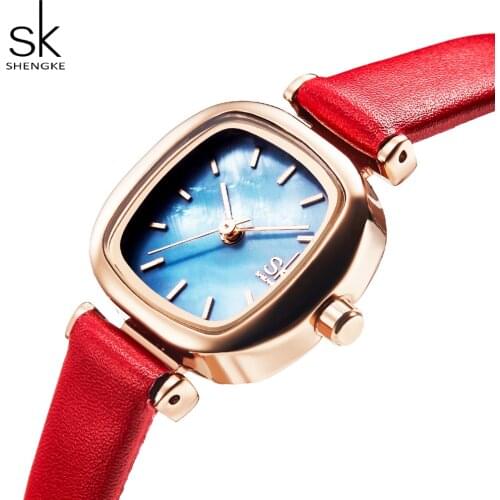Shengke Casual Womens Watches Leather Buckle Strap Waterproof Square Hardlex Dial Ladies Watch Ladies Quartz WristWatch SK04