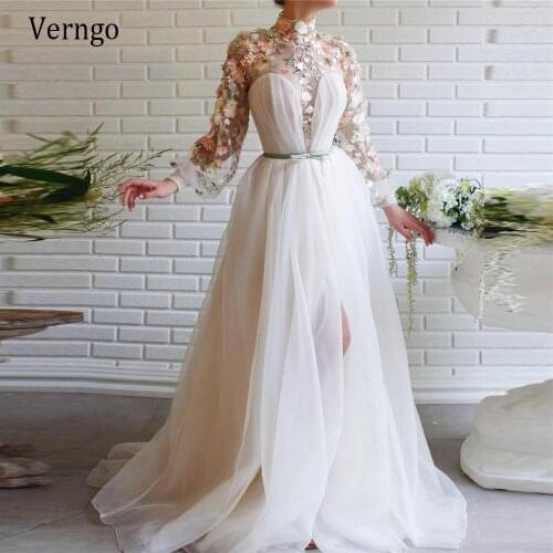 Verngo 2021 Fairy Cream Organza A Line Wedding Dress Puff Long Sleeves High Neck 3D Flowers Heart Shaped Corset Bridal Gowns