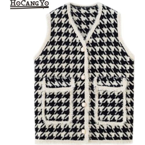 Spring Single-Breasted Fringed Waistcoat Knitted Vest Femme Sleeveless Jacket High Quality Vest Houndstooth Faux Mink Fur Women