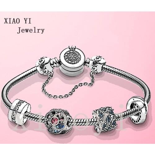 XIAOYI 2020NEW S925 Blue gem fan-shaped gradient crown circle love safety chain Amulet Bracelet DIY wedding accessories female