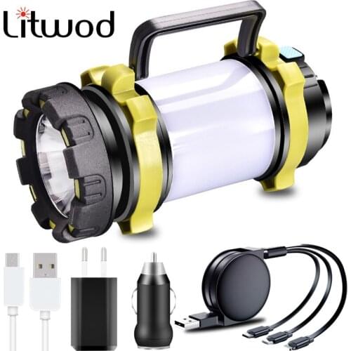 XM-L T6 USB Rechargeable COB Camping Led Flashlight Color Light Built in Battery Torch for Emergency Powerbank White Red Lantern