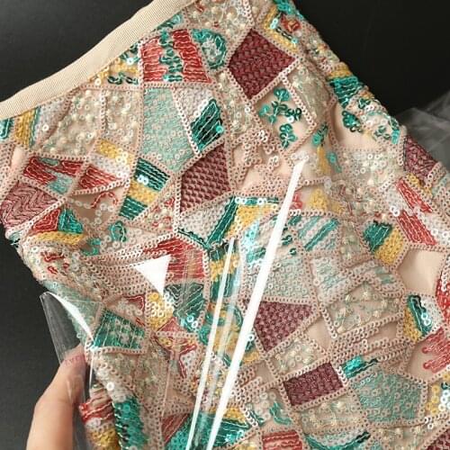 Cakucool Full Sequined Shiny Runway Design Asymmetric Geometric Color Patch Mid long Skirt Evening Party Slim A line Skirts