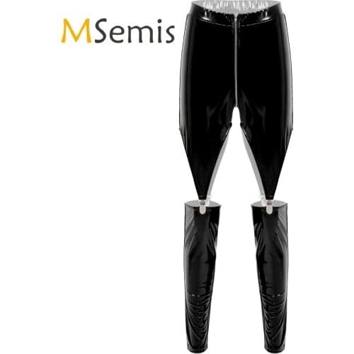 Womens Fashion Trousers Leggings Sexy Clubwear Skinny Zipper Crotch Cutout Elastic Waistband Hollow Out Patent Leather Pants