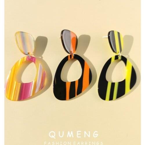 QUMENG 2020 vintage Big Statement Earrings for Women Acrylic acid Geometric stud Earrings Bohemian stripe Jewelry