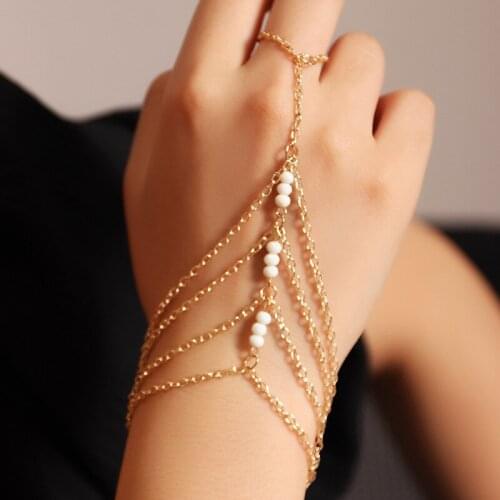 Meetviii Gold Multi Layer Chain Womens Bracelet with Finger Small Beads Hand Harness Bracelet and Ring 2 in 1 for Women Jewelry