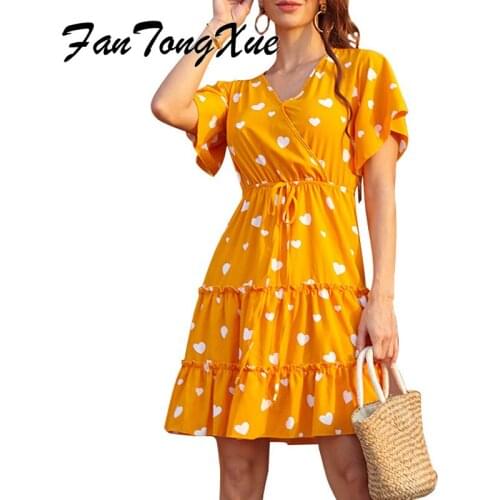 Prairie Chic Dress for Women Summer Polka Dot Print Lace Up Boho Office Lady Dress Women Short Sleeve V Neck Above Knee Dresses