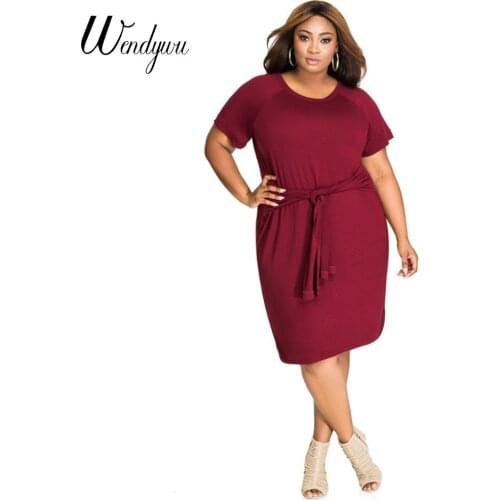 Wendywu New Fashion Women Plus Size Solid Red Short Sleeve Knee-Length Straight Summer Dress