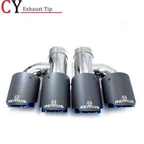 1Pair Left+Right Universal Dual Blue Stainless Steel Exhaust Pipe Muffler Pipe Matt Carbon Fiber Exhaust Tip With Remus logo