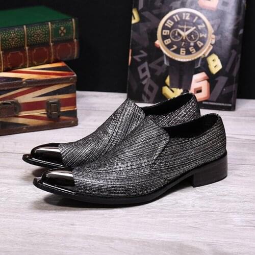 Christia Bella British Style Fashion Man Genuine Leather Party Shoes Dark Grey Sequins Male Large Size Metal Pointed Toe Shoes