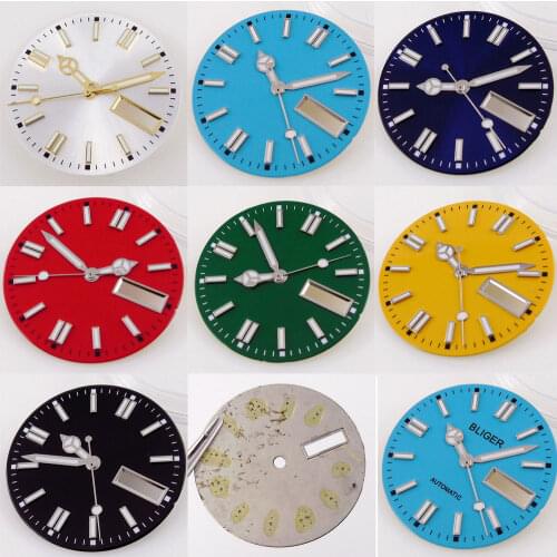 Fit NH36A 29mm Steel Watch Dial Luminosu Marks Calendar Date Weekday Hand Set