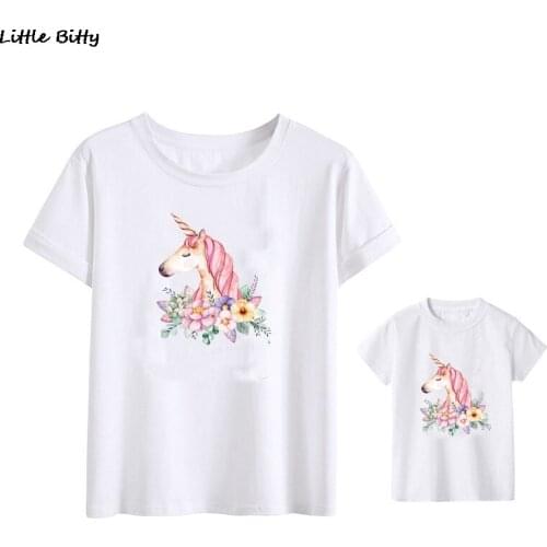 Fashion Unicorn Print Family Matching T-shirt Short Sleeve Family Look T-shirts Mother and Daughter Clothes Sisters T Shirt
