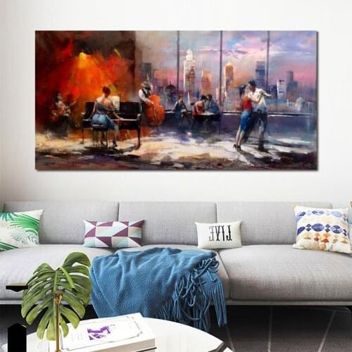 Art for living room wall Playing music with view on skyline by Willem Haenraets paintings High Quality Hand painted