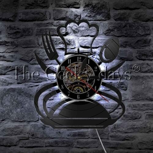 Kitchen Kitchenware Vinyl Record Wall Clock Modern Wall Lamp Cutlery Fork Knife And Spoon Kitchen Wall Watch Decor