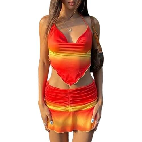 2Pcs Summer Tops+Skirt Outfit Solid Color Halter-Neck Backless Tank Tops + Ruffled Skirt Suit for Girls Purple/Blue