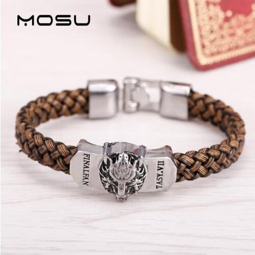 MOSU Hot Game Final Fantasy Silver Alloy Bracelets wolf Logo Leather Woven Punk Bangle cosplay jewelry can drop shipping