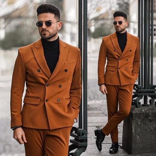 New Fashion Double Breasted Men Tuxedos Groom Wedding Suits Slim Fit Peaked Lapel Mens Suit 2 Pieces Coat Pants (jacket+Pants)