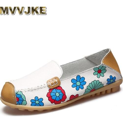 MVVJKE 2018 Cow Muscle Ballet Summer Flower Print Women Genuine Leather Shoes Woman Flat Flexible Nurse Peas Loafer Flats Appliq