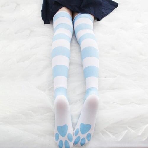 2021 new hot thigh high stockings printed cartoon cats claw over knee socks student kawaii high-grade velvet striped long socks