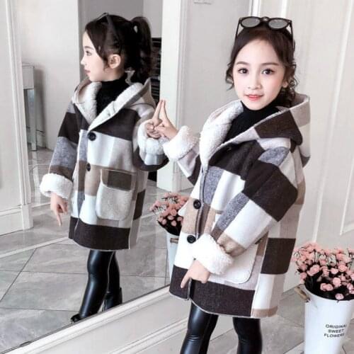 Autumn Winter 2020 Girls Casual Jackets Hooded Outerwear Fashion Woolen Long Coat Children Clothing Plaid Baby Girls Outerwear